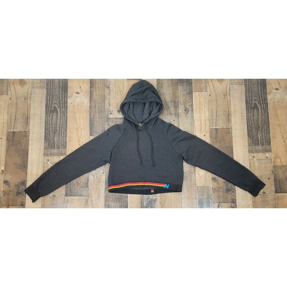Aviator Nation Womens Small Cropped Dark Gray Hoodie Pullover Sweater w/ Stripe - Picture 1 of 9